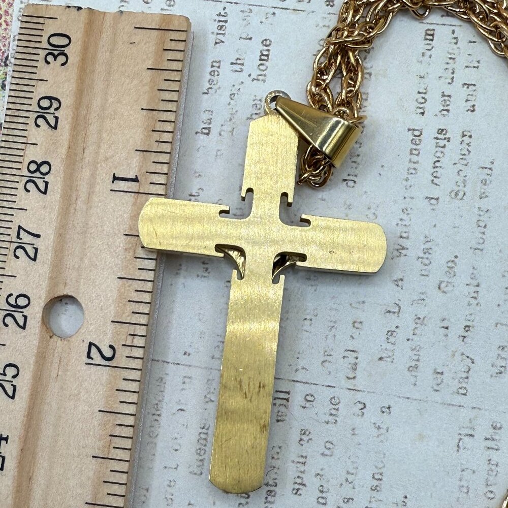 Large Stainless Steel Yellow Gold Spanish Crucifix Cross Pendant Necklace - Picture 3 of 8